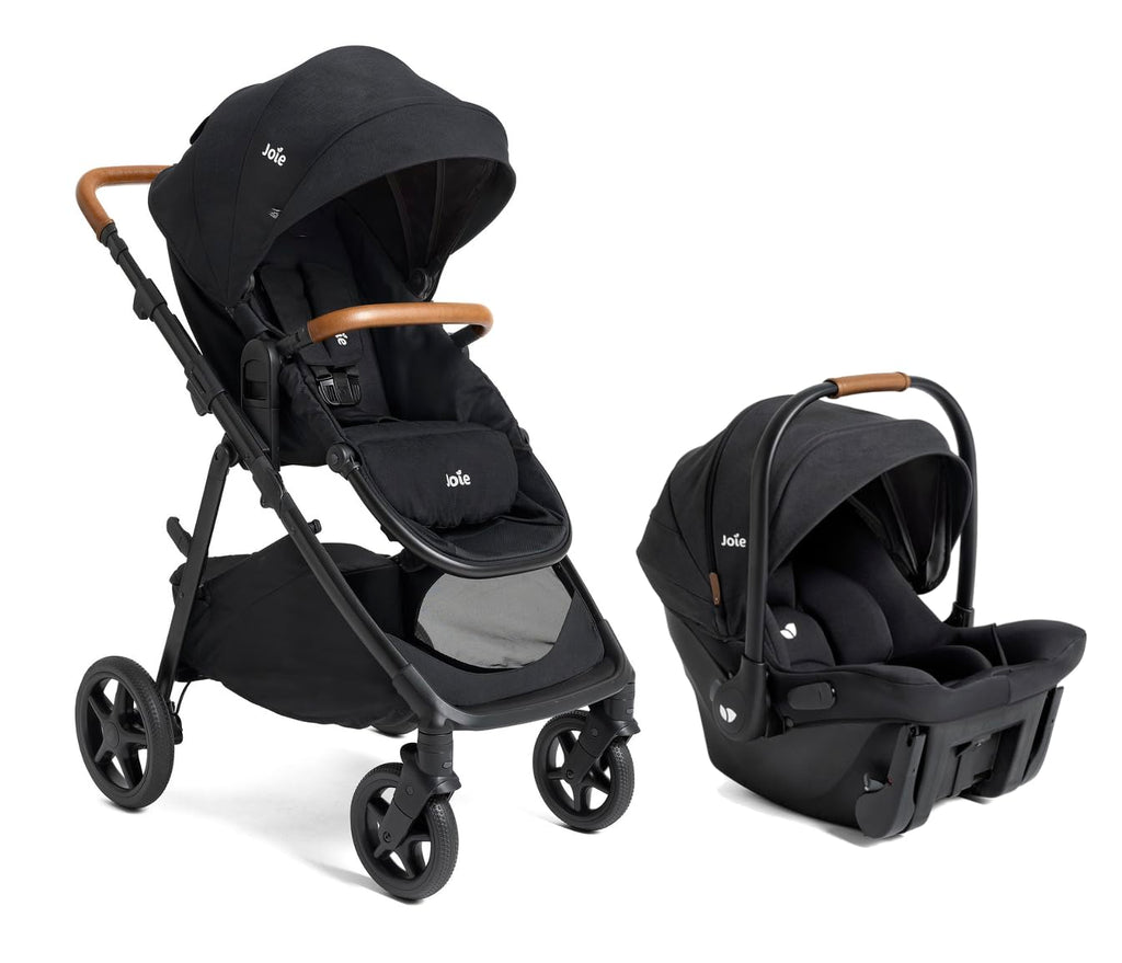 Joie Ginger and Mint Latch Travel System with infant car seat, stroller, all-terrain wheels, and built-in Latch system in Shale Dark.