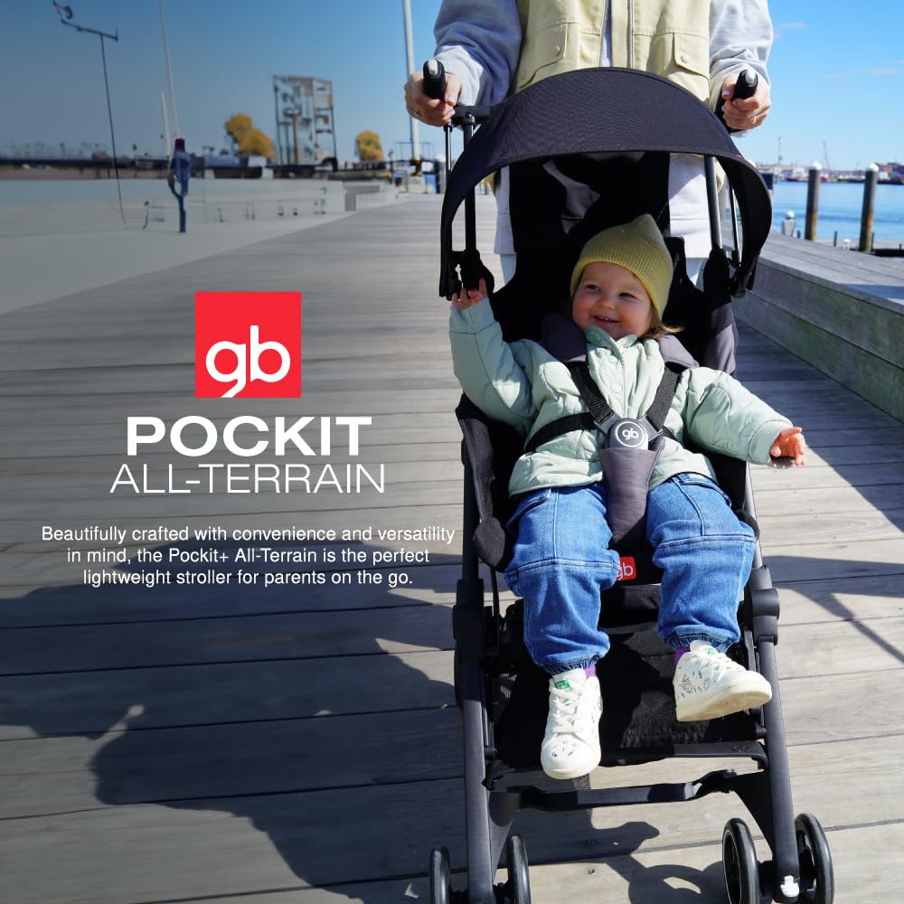 My Store gb Pockit+ All-Terrain lightweight travel stroller with canopy and reclining seat in velvet black, shown folded and open.