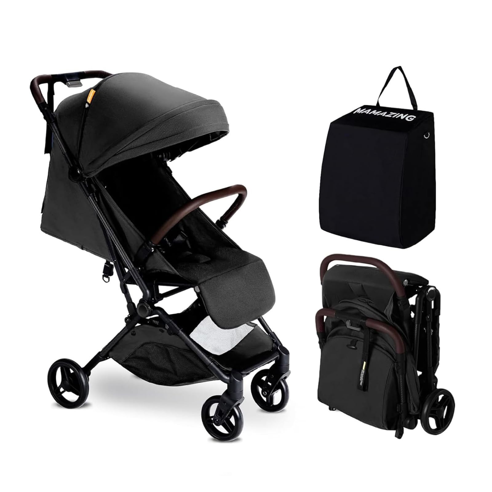 Lightweight MAMAZING Ultra Air baby travel stroller with carbon fiber frame, one-handed fold, compact design for toddlers.