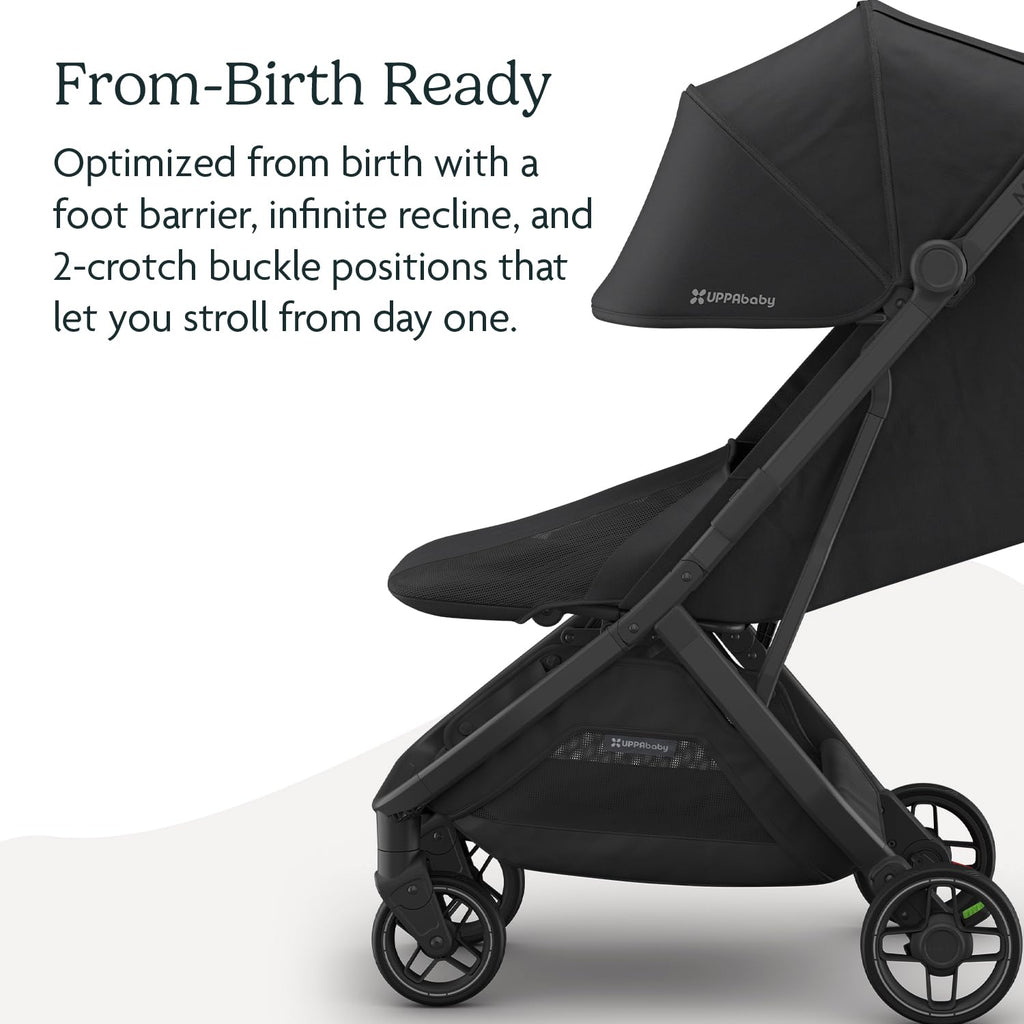 UPPAbaby Minu V3 travel stroller in greyson color with charcoal frame and saddle leather, showing compact folded design and lightweight build.