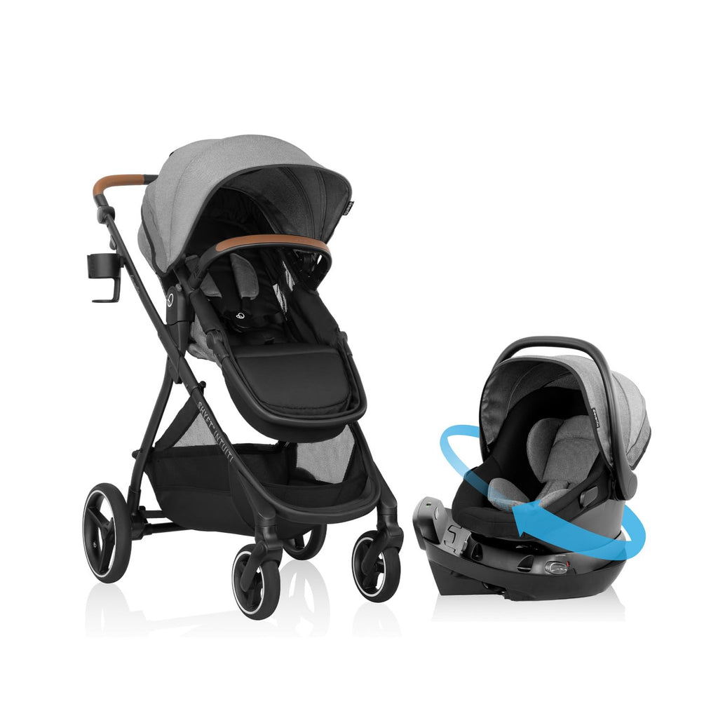 Evenflo Shyft Intuiti travel system with Revolve180 LiteMax NXT infant car seat in Fossil Gray, lightweight rear-facing for preemies and infants