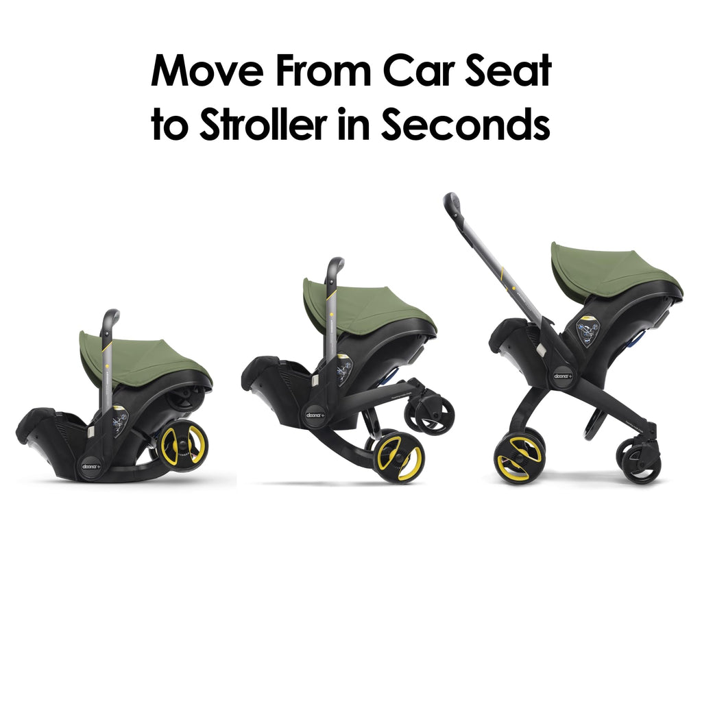 My Store Doona car seat and stroller in slate green, all-in-one travel system with adjustable handle and safety harness.