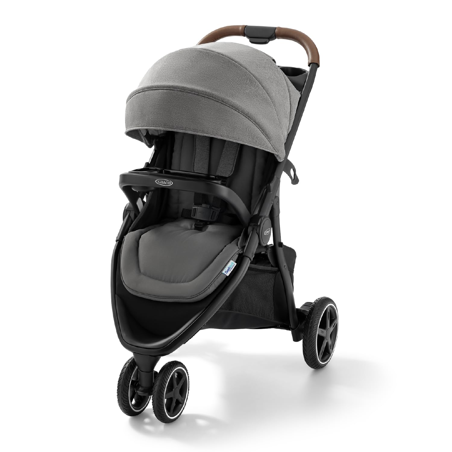 Graco Outpace LX all-terrain 3-wheel baby stroller with rubber tires, foldable design, in-seat suspension, suitable for travel systems.