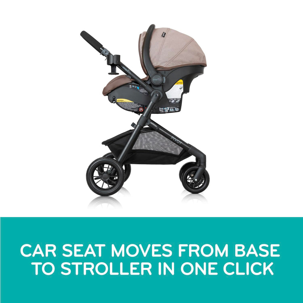 Evenflo Pivot Modular Travel System with LiteMax Preemie and Infant Car Seat in casual gray, featuring stroller and car seat components.