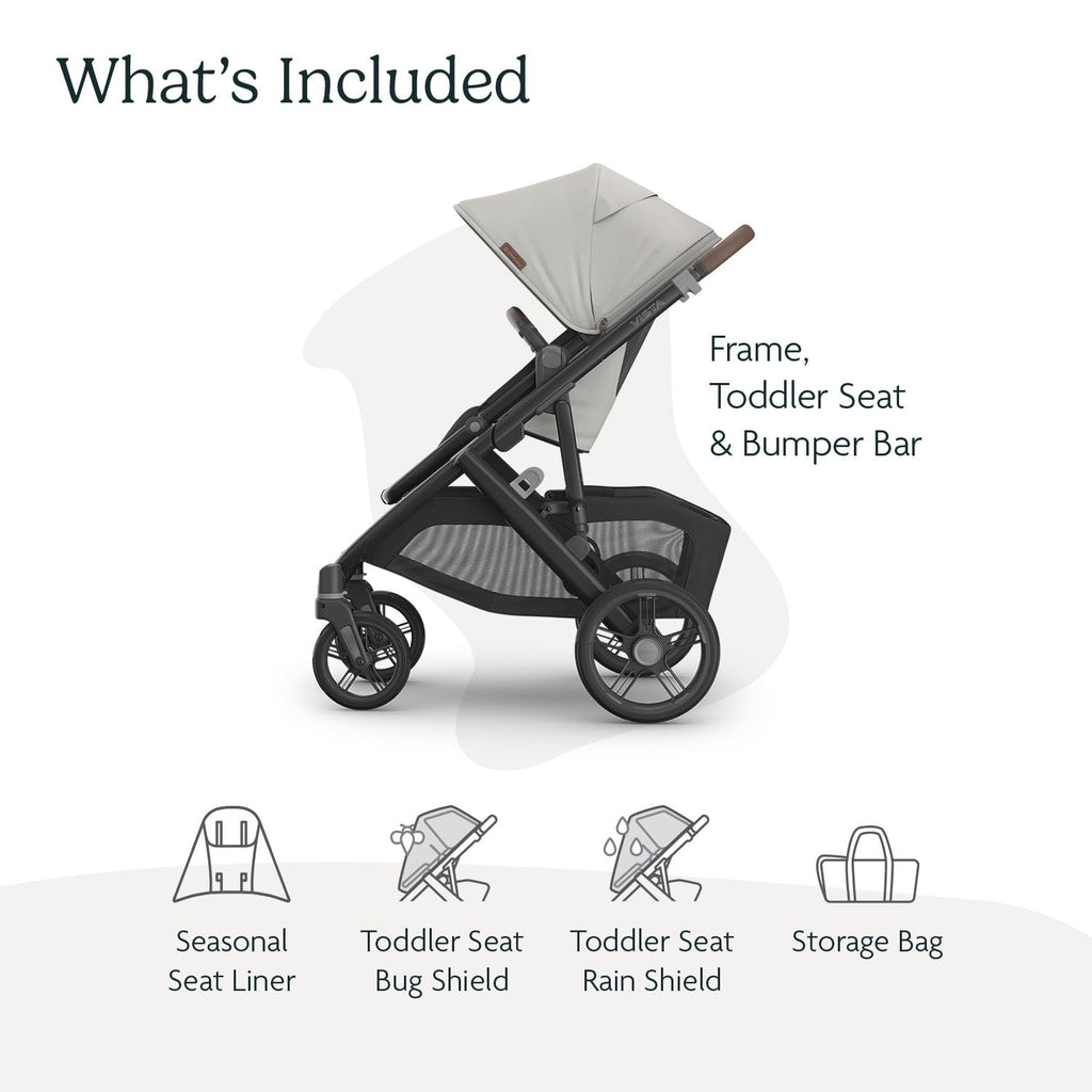UPPAbaby Vista V3 convertible stroller for baby and toddler in charcoal with all-wheel suspension and large storage basket.