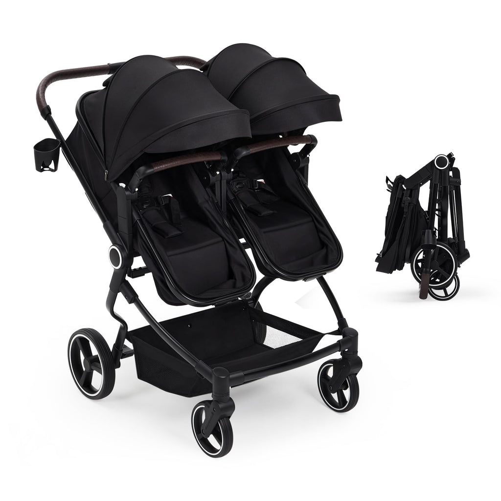 Lightweight twin stroller by My Store with reclining seats, adjustable canopy, 5-point harness, and high landscape double seats.