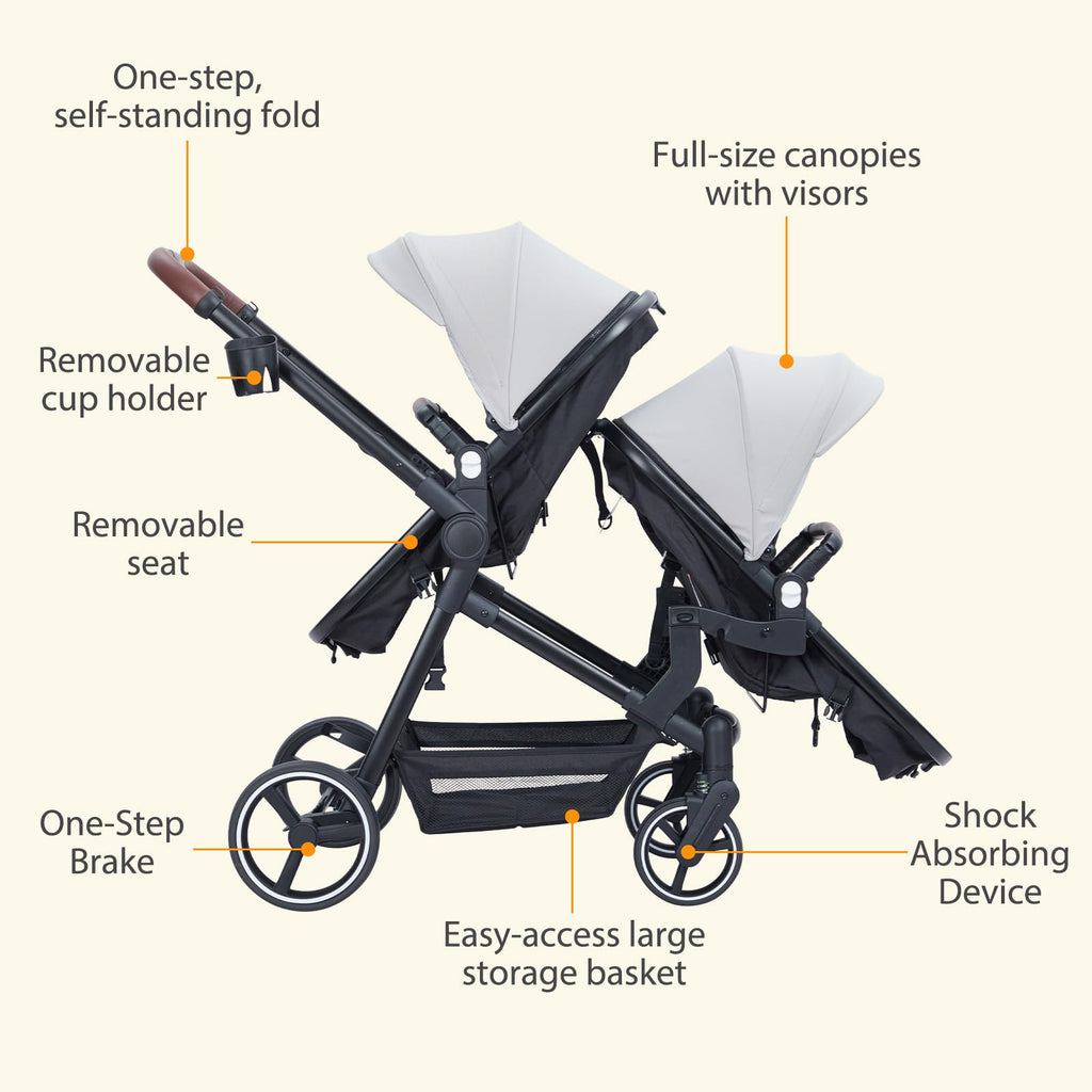 Black tandem stroller with reversible seats, adjustable canopy, one-hand fold, large storage basket, suitable for newborn and toddler twins.