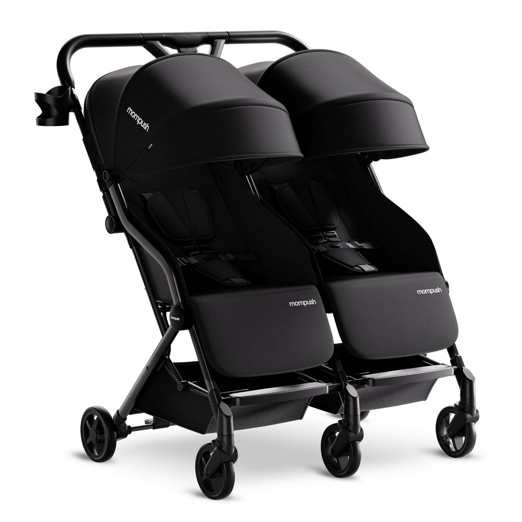 Mompush Lithe double stroller with spacious seats, recline, lightweight frame, easy fold, and UPF50+ canopy for newborns and toddlers.