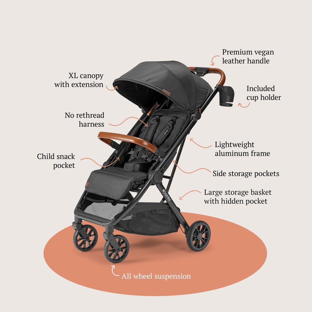 Bombi Bēbee V2 lightweight baby stroller with vegan leather, one-hand fold, infinite recline, aluminum frame, XXL canopy, and storage