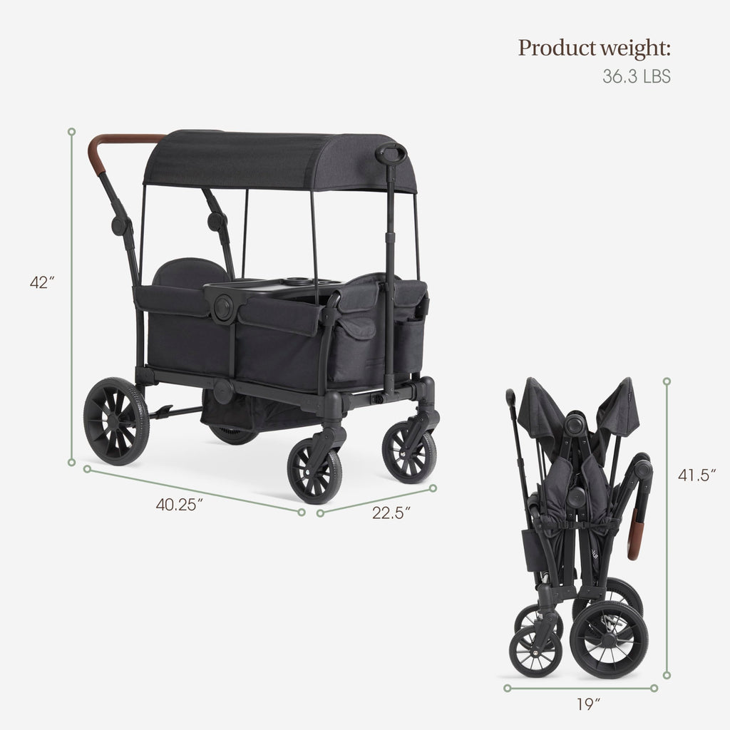 Evolur Trailblazer double stroller wagon in black with all-terrain wheels, 5-point harness, removable canopy, and spacious storage.
