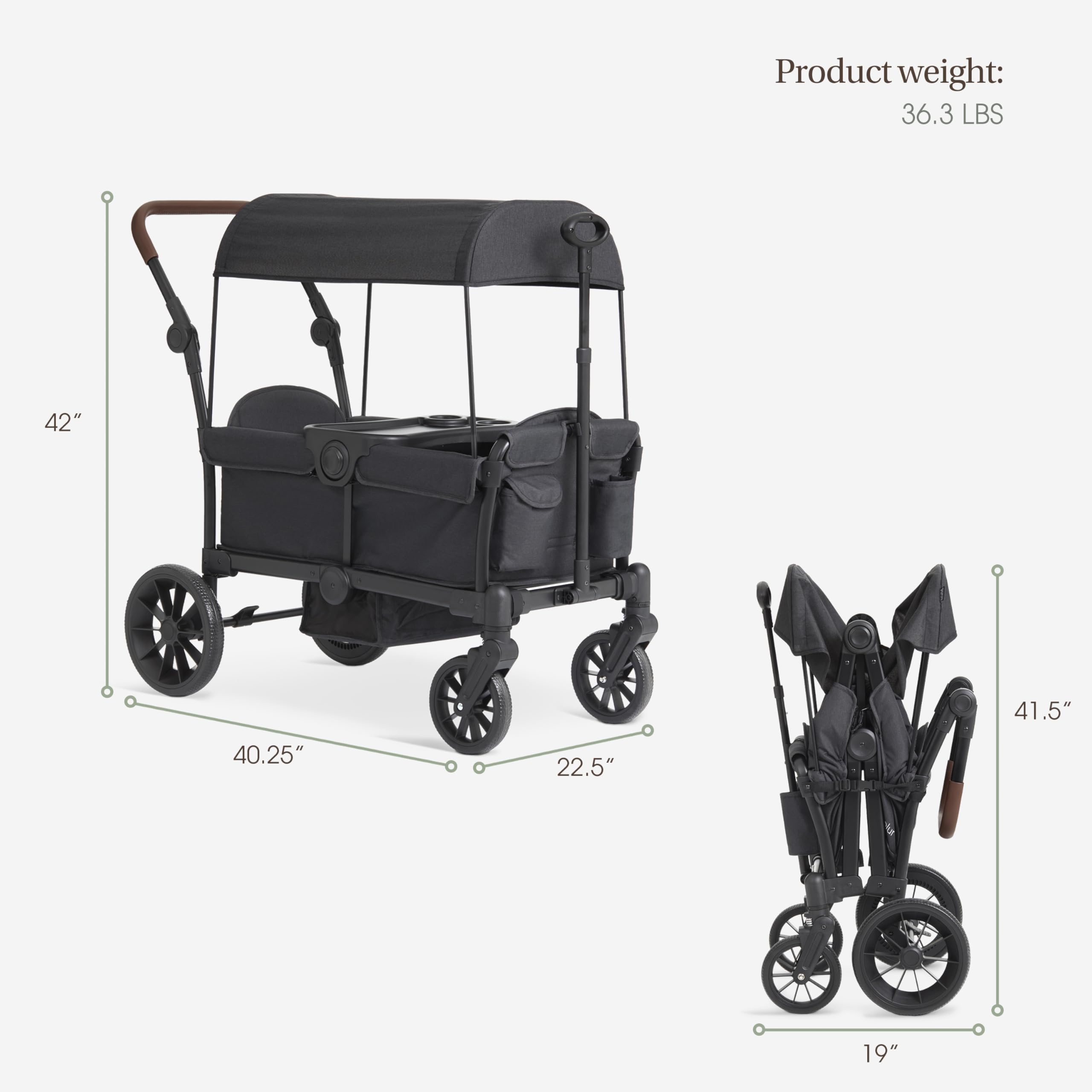 Evolur Trailblazer double stroller wagon in black with all-terrain wheels, 5-point harness, removable canopy, and spacious storage.