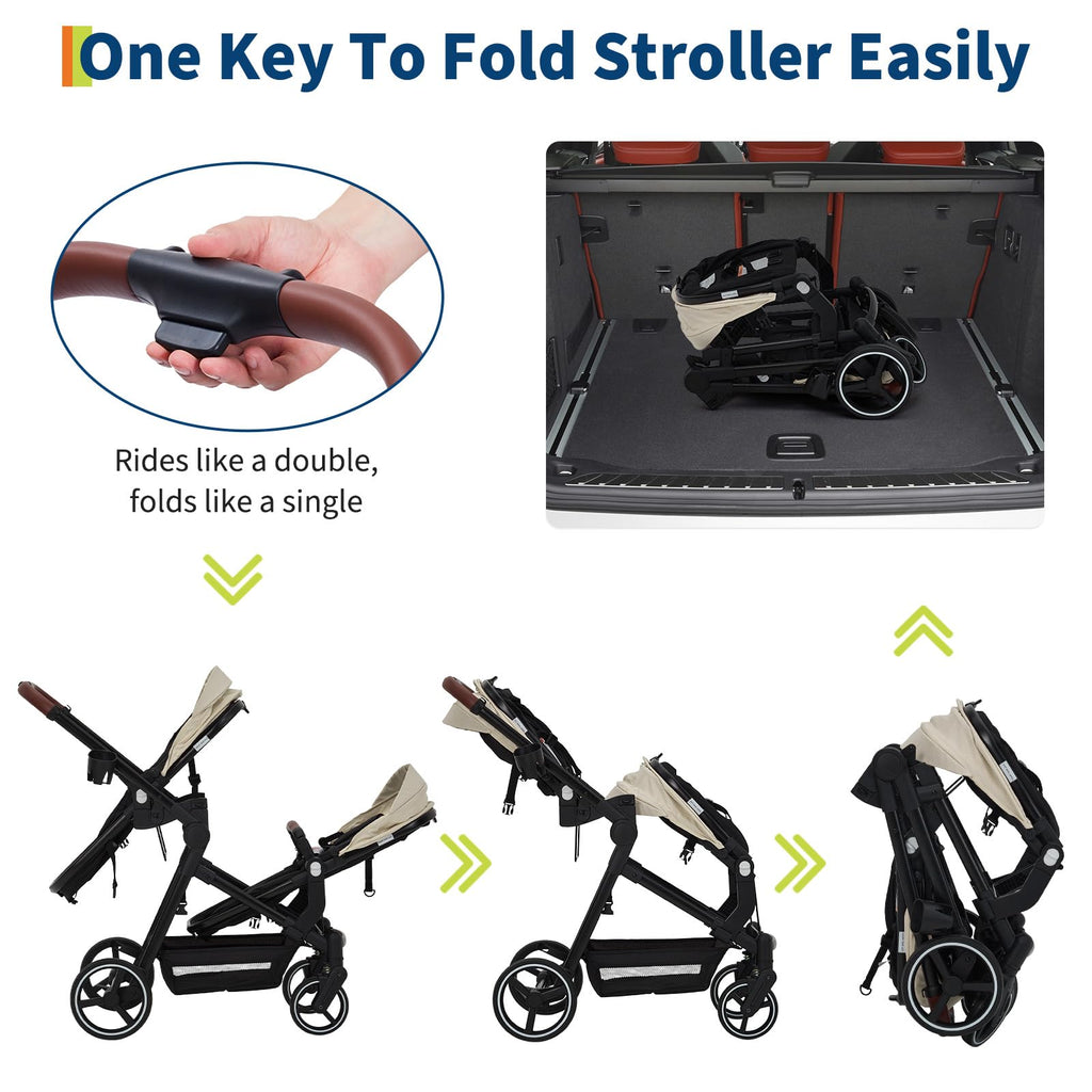 Black tandem stroller with double bassinet, reversible seats, adjustable canopy, one-hand fold, and large storage basket for twins.