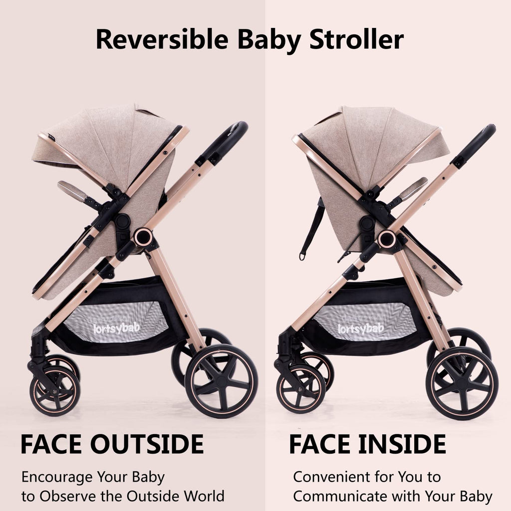 Lortsybab 2-in-1 baby stroller with beige frame, reversible seat, suitable for infants and toddlers 0-36 months.