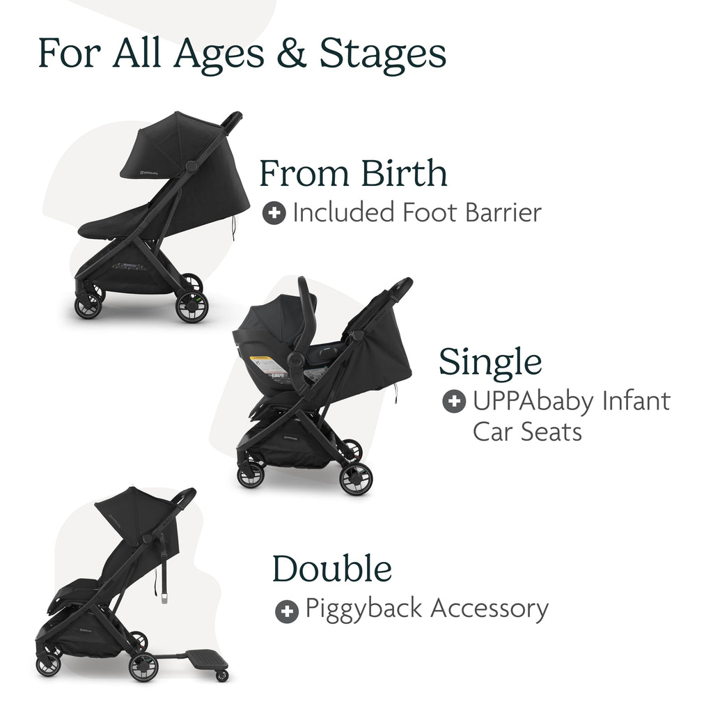 UPPAbaby Minu V3 lightweight travel stroller in greyson with charcoal frame, saddle leather, compact design, and one-hand fold.