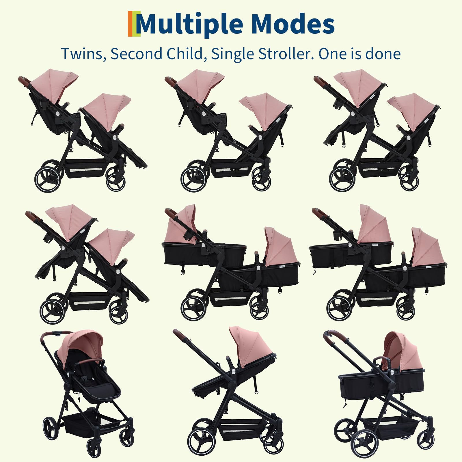 Dark grey tandem double stroller for newborn and toddler, foldable with reversible seats, adjustable canopy, large storage basket.