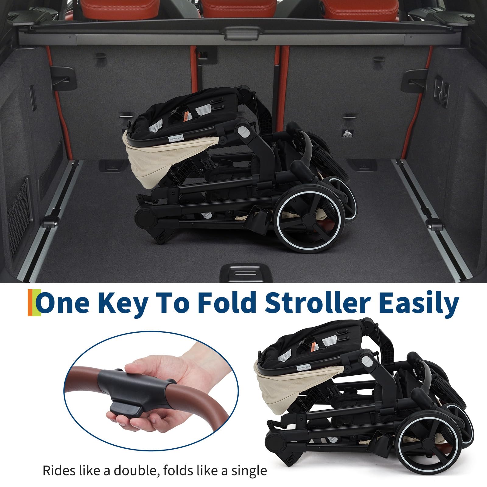 Dark grey My Store tandem double stroller with reversible seats, adjustable canopy, 5-point harness, large storage basket, and foldable design.