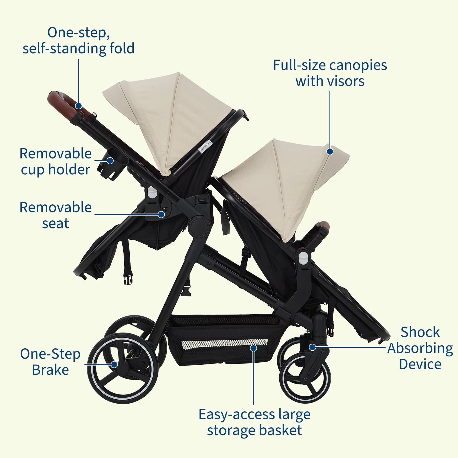 Dark grey tandem double stroller for newborn and toddler twins with reversible seats, adjustable canopy, 5-point harness, and large storage.