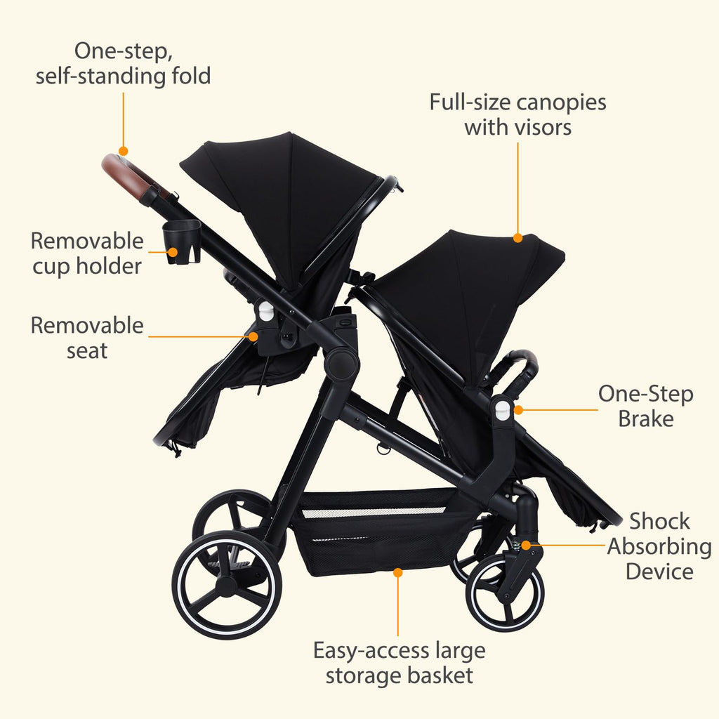 Black tandem stroller with reversible seats, adjustable canopies, large storage basket, and one-hand fold for twins and newborns.