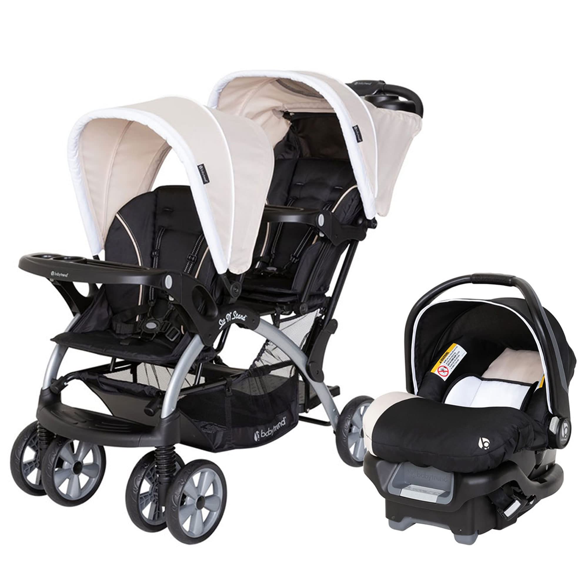 Baby Trend infant and toddler double stroller with matching car seat, lightweight and portable Stormy travel system tandem.