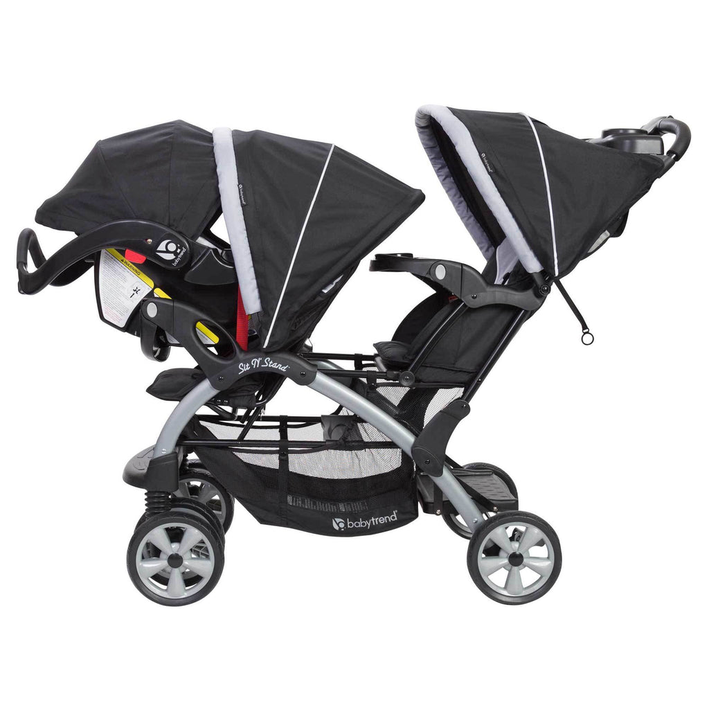 Baby Trend infant and toddler double stroller with car seat, lightweight and portable design, Stormy color, tandem travel system.