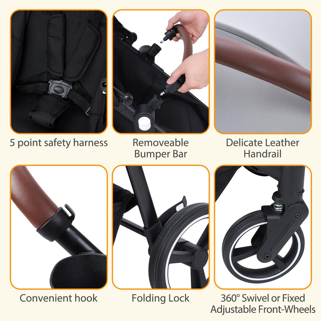 Dark grey tandem double stroller for newborn and toddler twins with reversible seats, adjustable canopy, 5-point harness, and large storage.