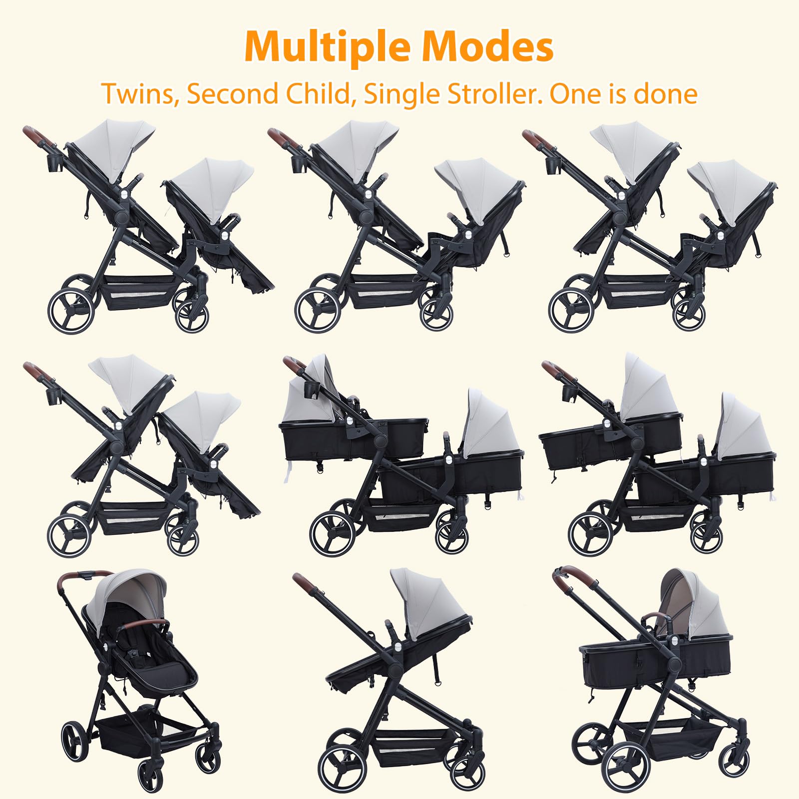 Dark grey tandem double stroller for twins with reversible seats, adjustable canopy, 5-point harness, and large storage basket.