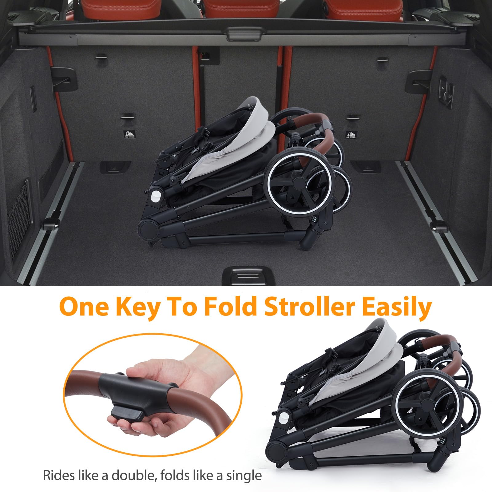 Dark grey tandem double stroller for newborn and toddler, with reversible seats, adjustable canopy, and large storage basket.