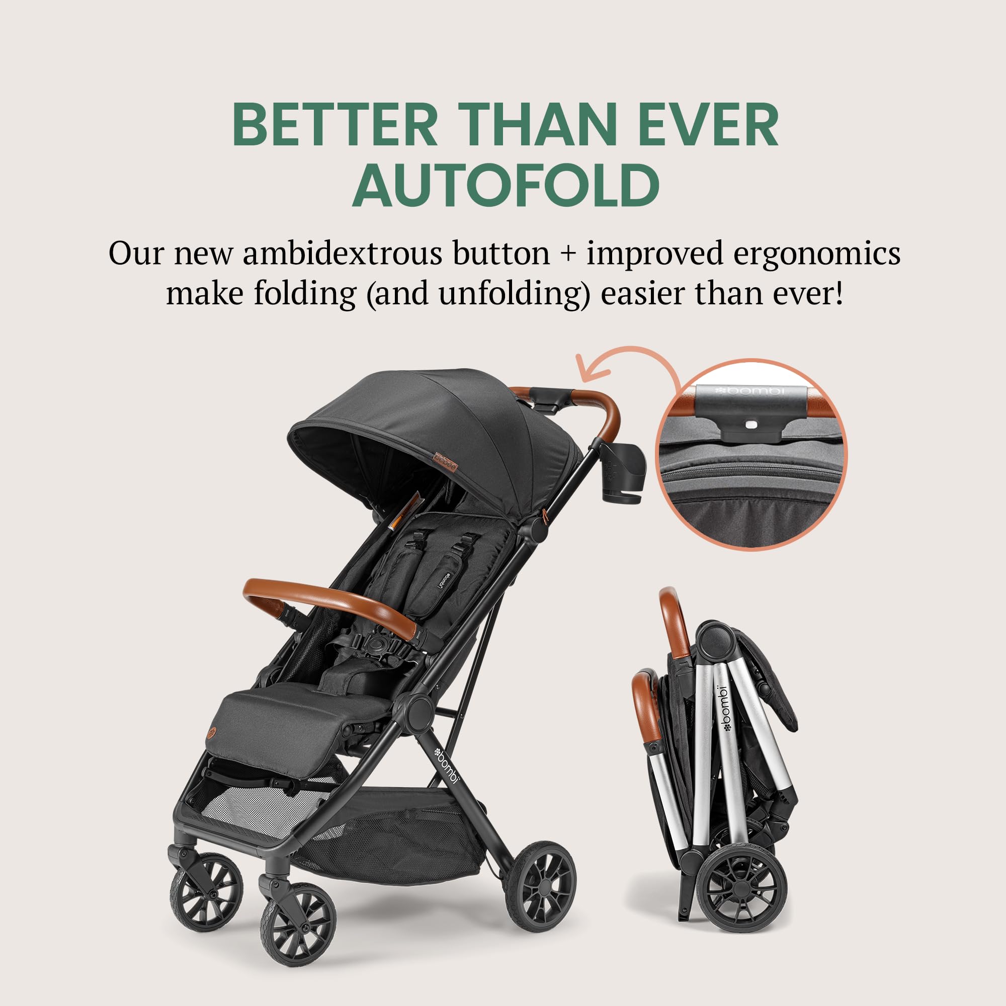 Bombi Bēbee V2 lightweight baby stroller with vegan leather, one-hand fold, infinite recline, aluminum frame, XXL canopy, and ample storage