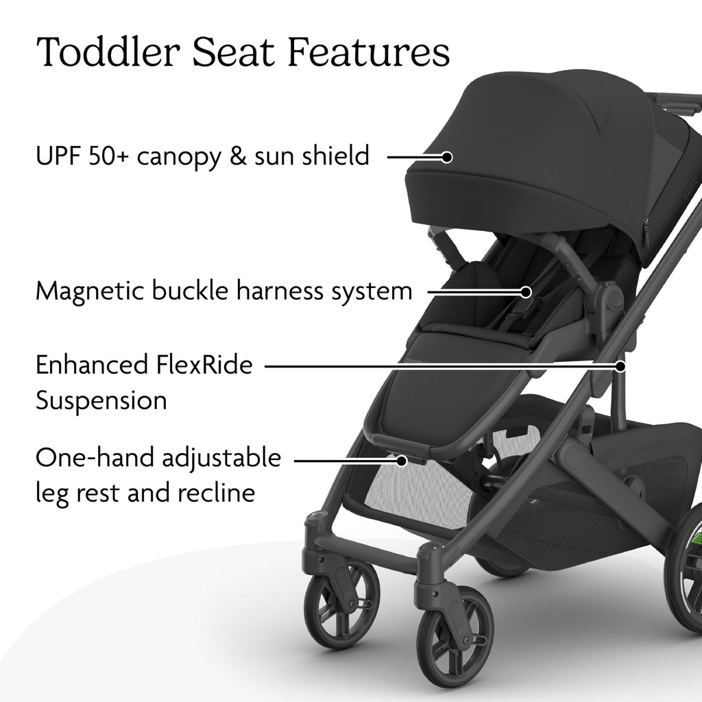 UPPAbaby Cruz V3 stroller in Greyson color with reversible seat, infant insert, rain and bug shields, carbon frame, saddle leather accents