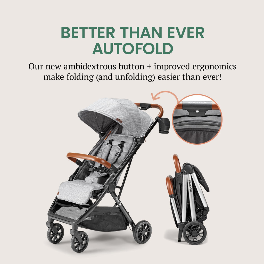 Bombi Bēbee V2 lightweight baby stroller with vegan leather, one-hand fold, infinite recline, aluminum frame, XXL canopy, and storage
