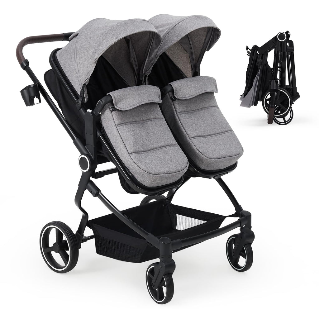 Lightweight double stroller for twins by My Store with reclining seats, adjustable canopy, 5-point harness, and high landscape design.