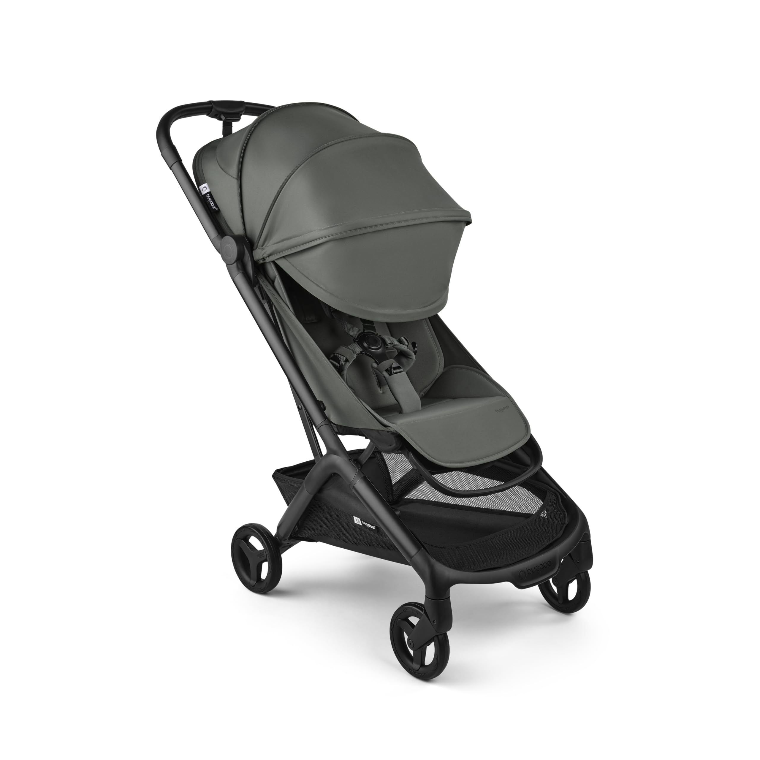 Black Bugaboo Butterfly 2 travel stroller folded compactly, lightweight, airplane-friendly, with a sleek design and easy one-second fold.