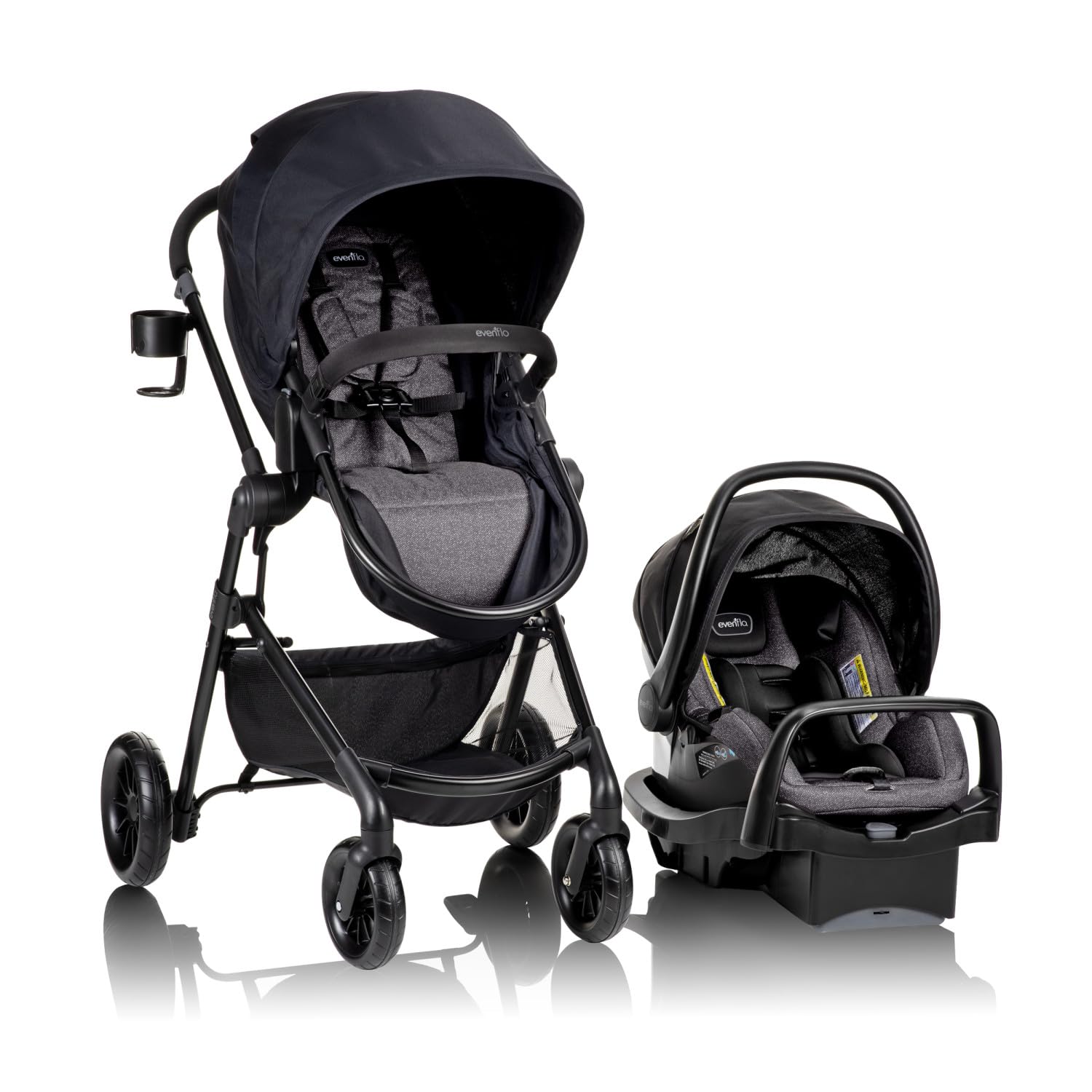 Evenflo Pivot Modular Travel System with LiteMax Preemie and Infant Car Seat in casual gray, featuring stroller and car seat components.