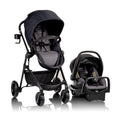 Evenflo Pivot Modular Travel System with LiteMax Preemie and Infant Car Seat in casual gray, showing the stroller and car seat together.