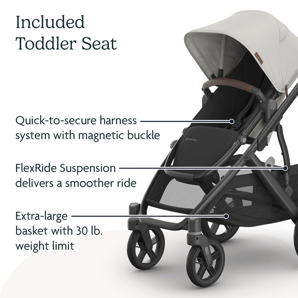 UPPAbaby Vista V3 convertible stroller in Charcoal/Carbon with all-wheel suspension and large basket, suitable for baby and toddler.