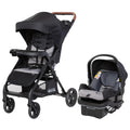 Baby Trend Passport cargo stroller with pink bamboo fabric and EZ-Lift infant car seat, featuring a sleek, foldable design.