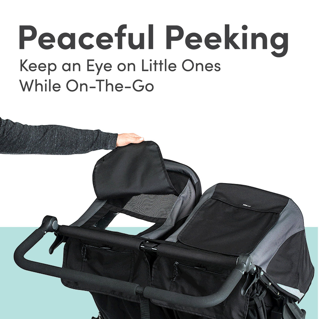 My Store BOB Gear Revolution Flex 3.0 Duallie jogging stroller in graphite black with two seats and adjustable canopy.