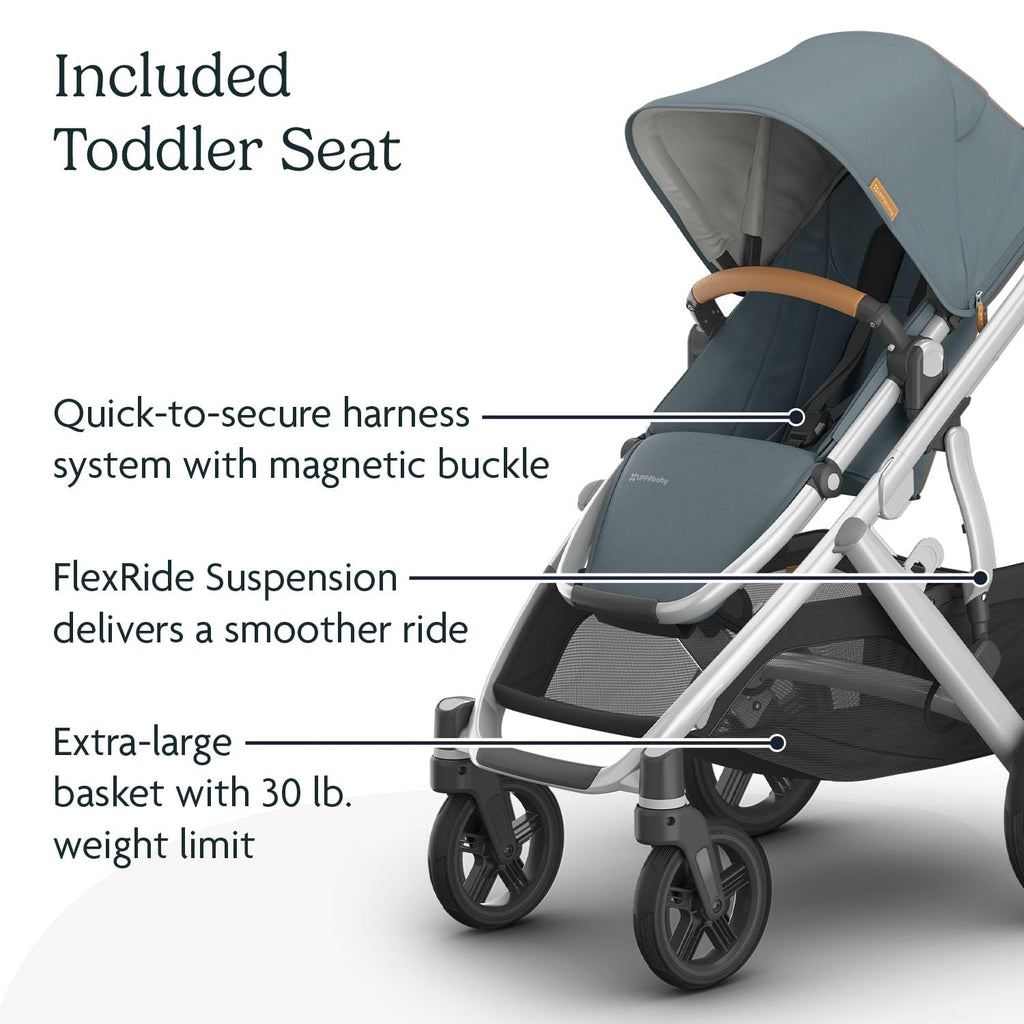 UPPAbaby Vista V3 convertible stroller for baby and toddler in charcoal/carbon, with all-wheel suspension and large basket.