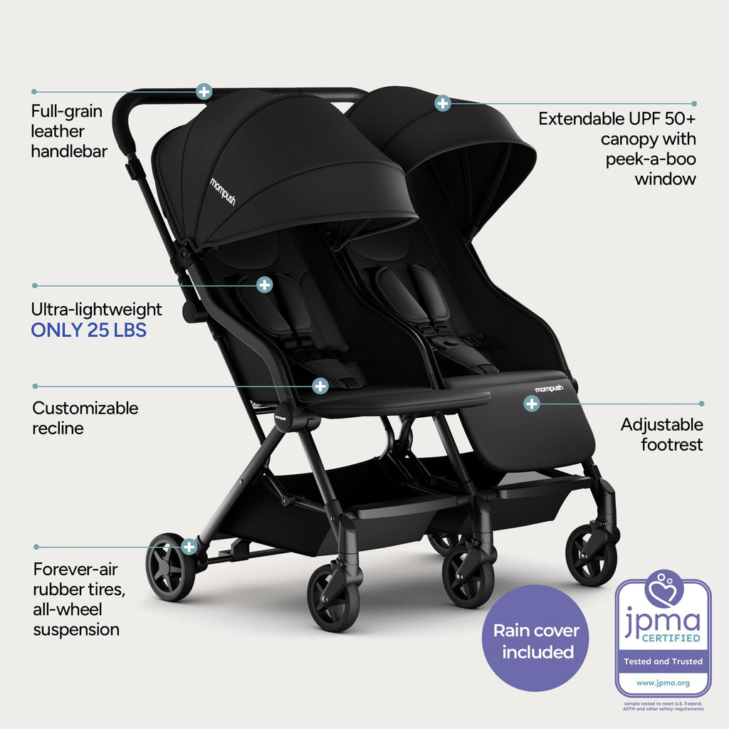 Mompush Lithe double stroller for newborns and toddlers with lightweight frame, spacious recline seats, easy fold, and UPF50+ canopy