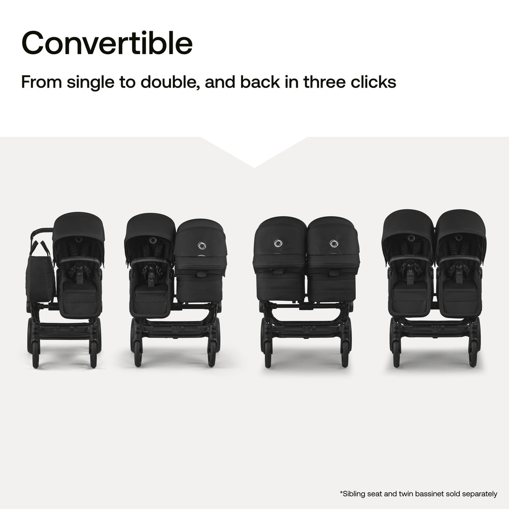 Bugaboo Donkey 6 all-terrain stroller in Cocoa Brown, single-to-double side-by-side design for newborn and toddler.