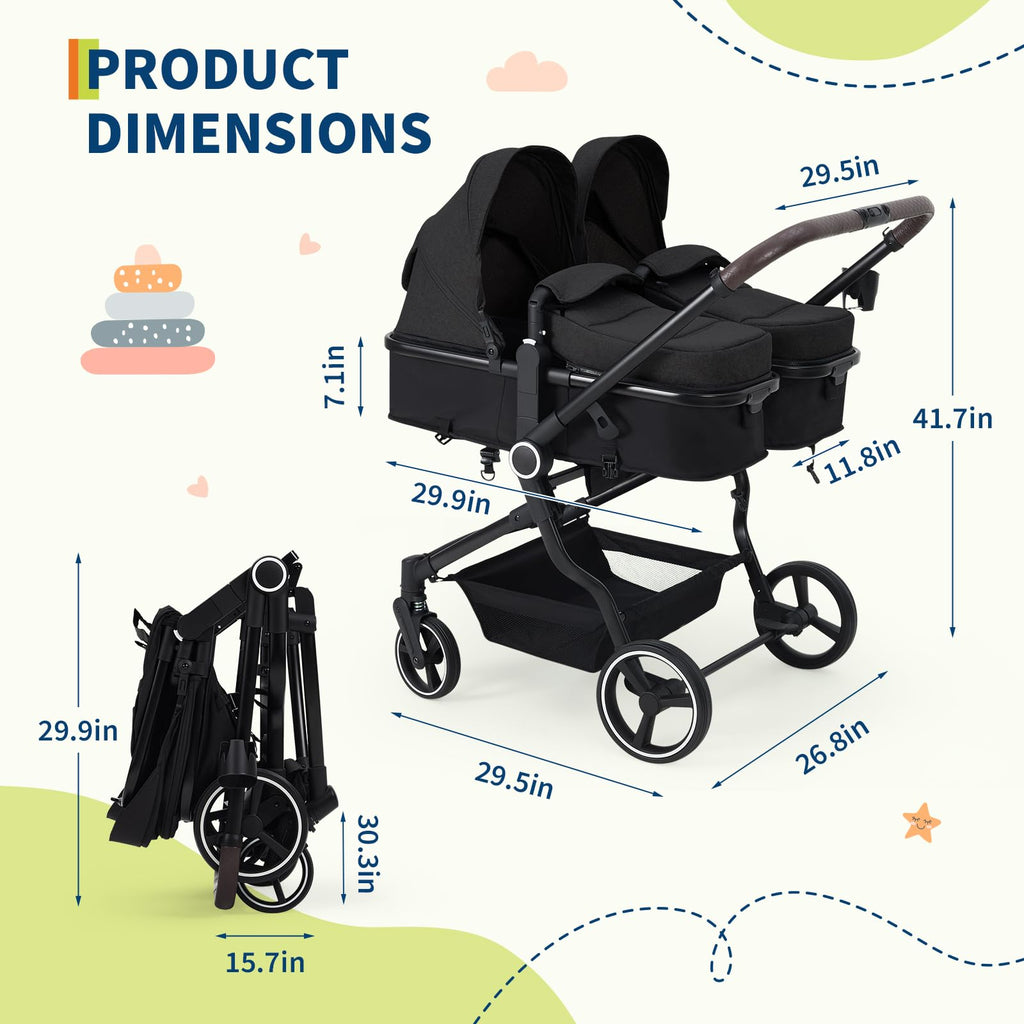 Lightweight double stroller for twins by My Store with reclining seats, adjustable canopies, 5-point harness, and high landscape design.