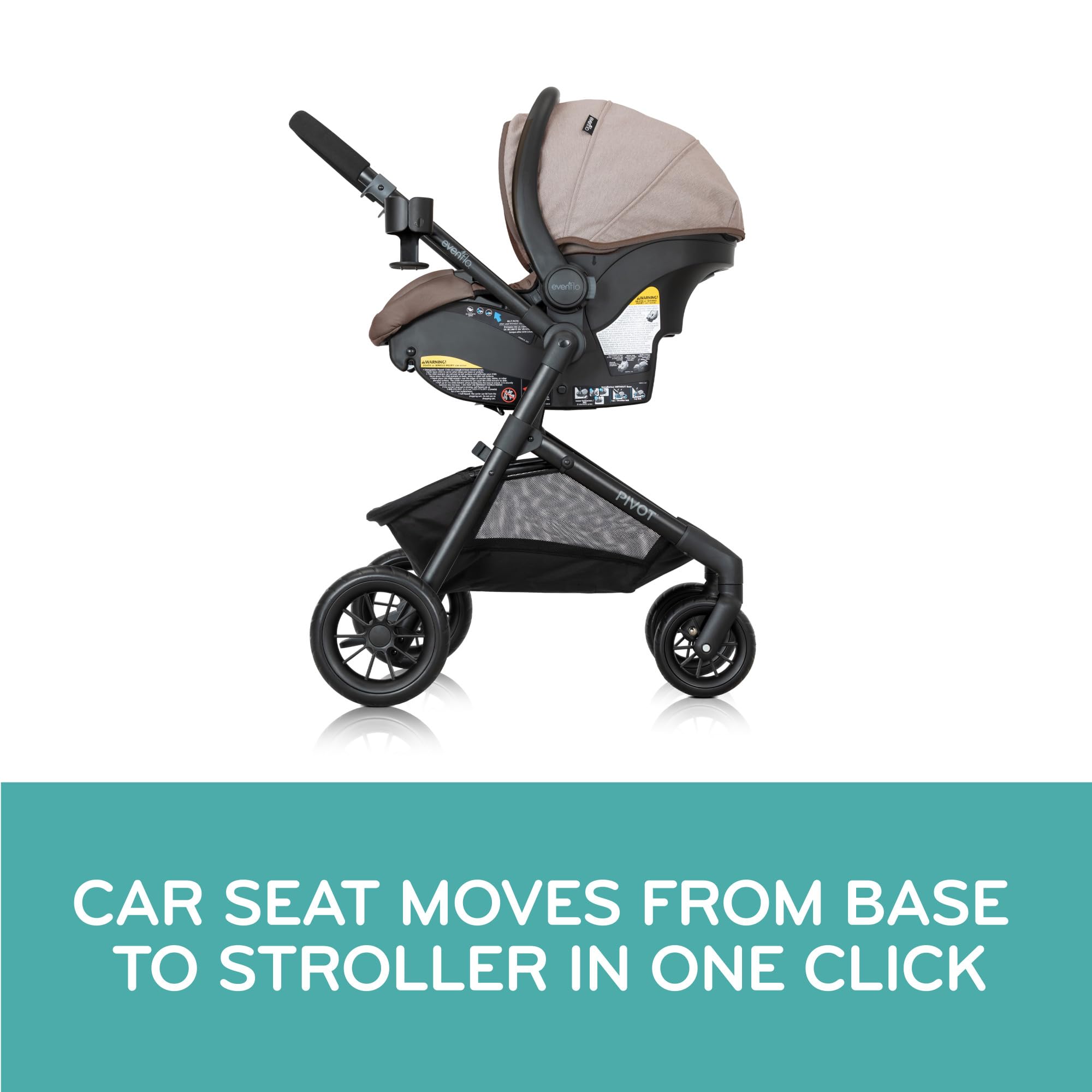 Evenflo Pivot Modular Travel System with LiteMax Preemie and Infant Car Seat in casual gray, featuring stroller and car seat components