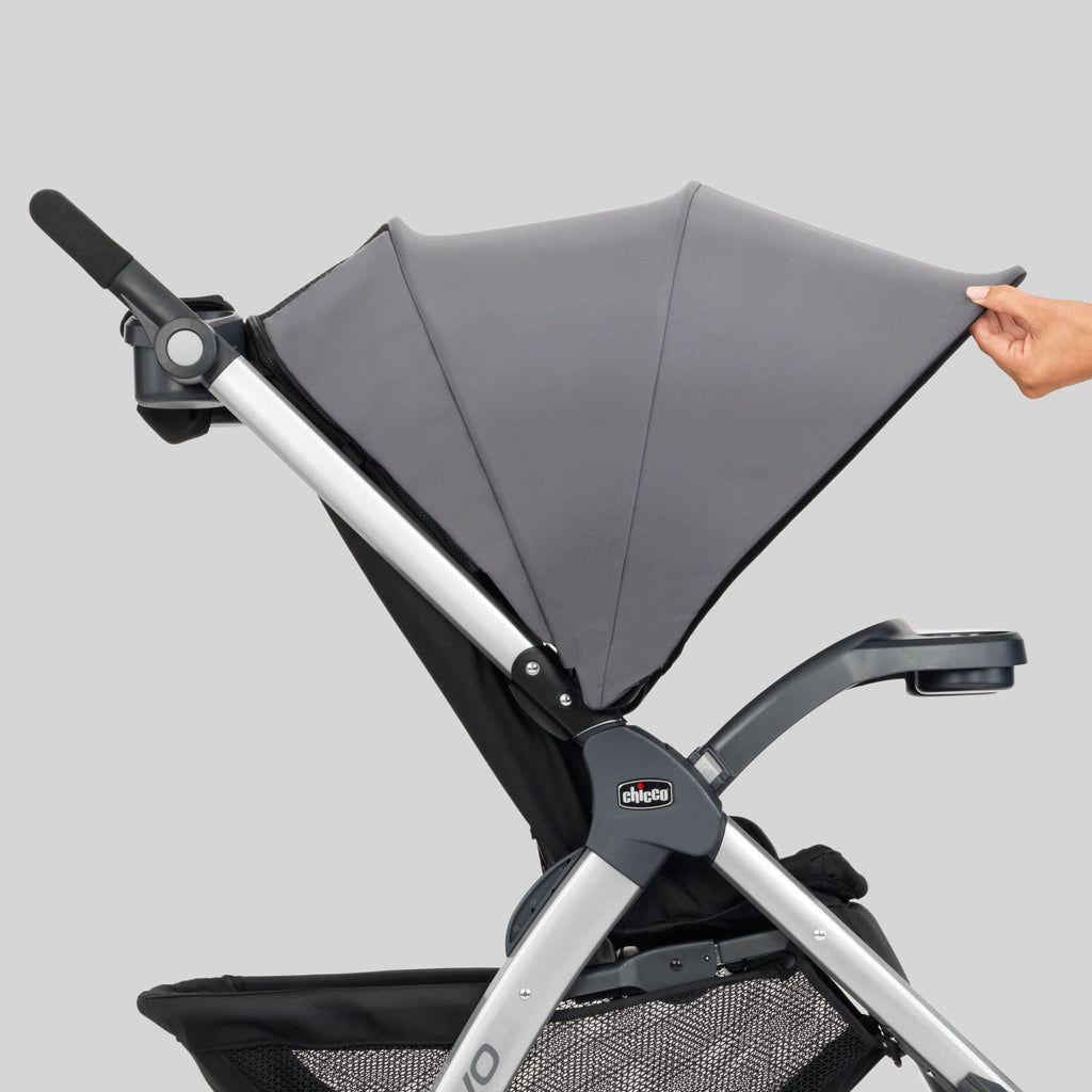 Chicco Bravo 3-in-1 travel system with quick-fold stroller, KeyFit 30 infant car seat, and base in Camden/Black color.