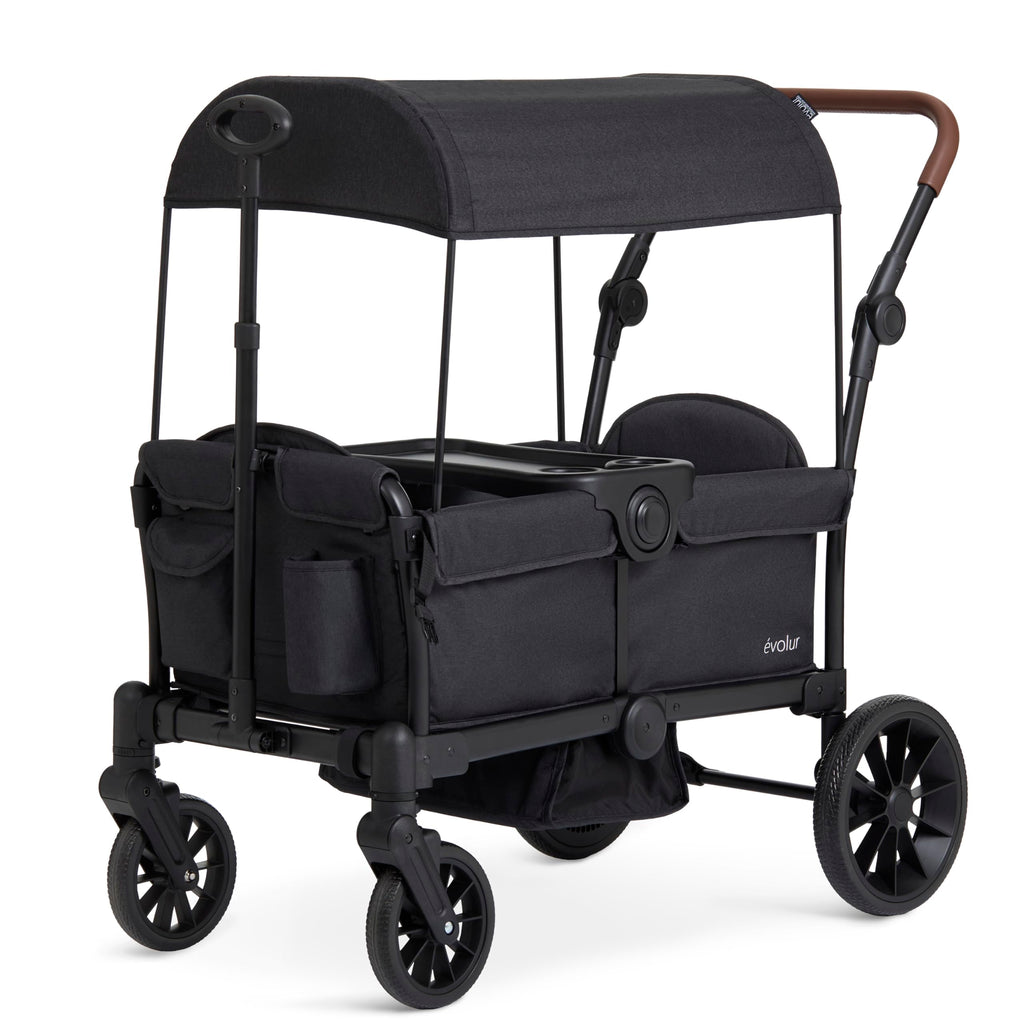 Evolur Trailblazer double stroller wagon in black with all-terrain wheels, 5-point harness, removable canopy, and spacious storage.
