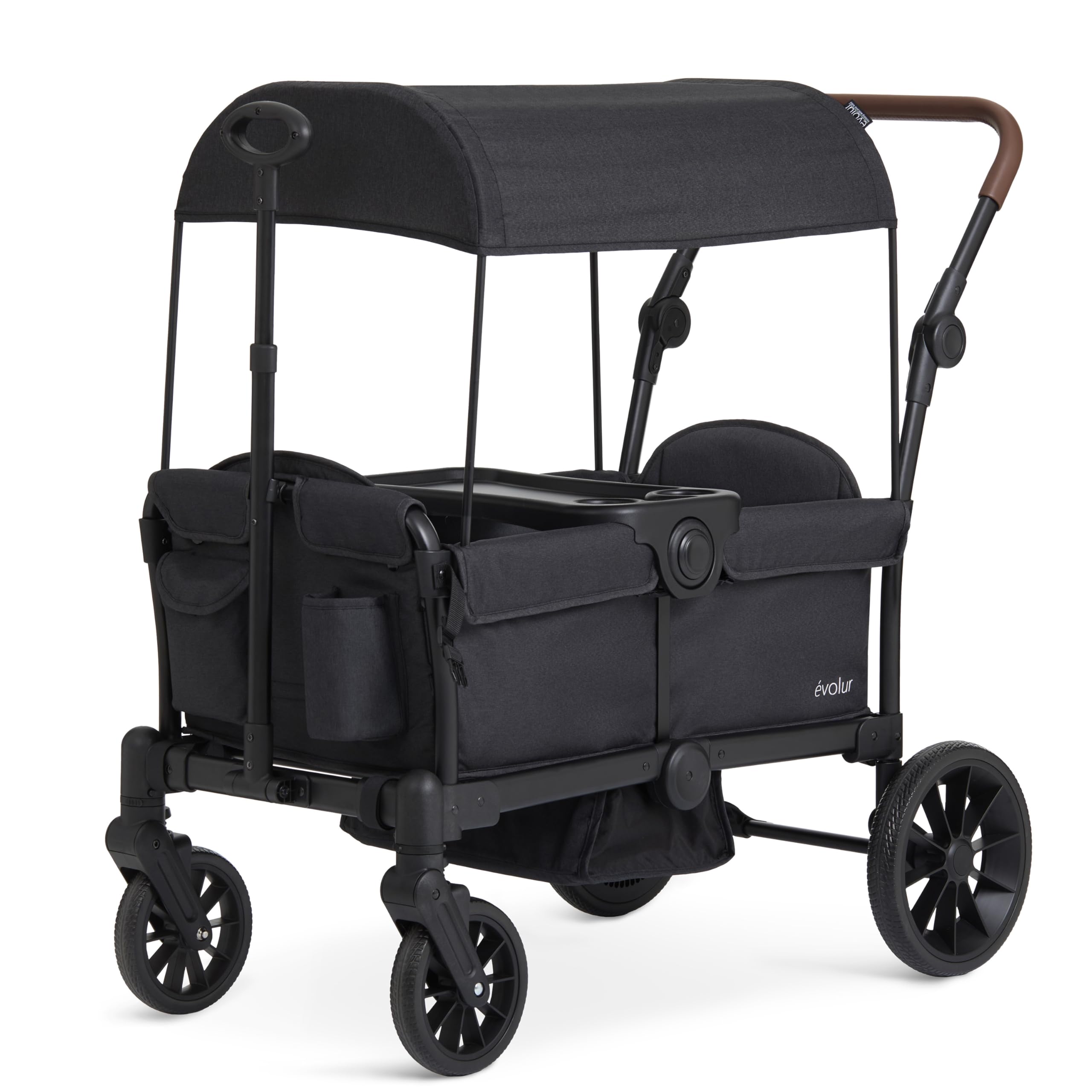 Evolur Trailblazer double stroller wagon in black with all-terrain wheels, 5-point harness, removable canopy, and spacious storage.