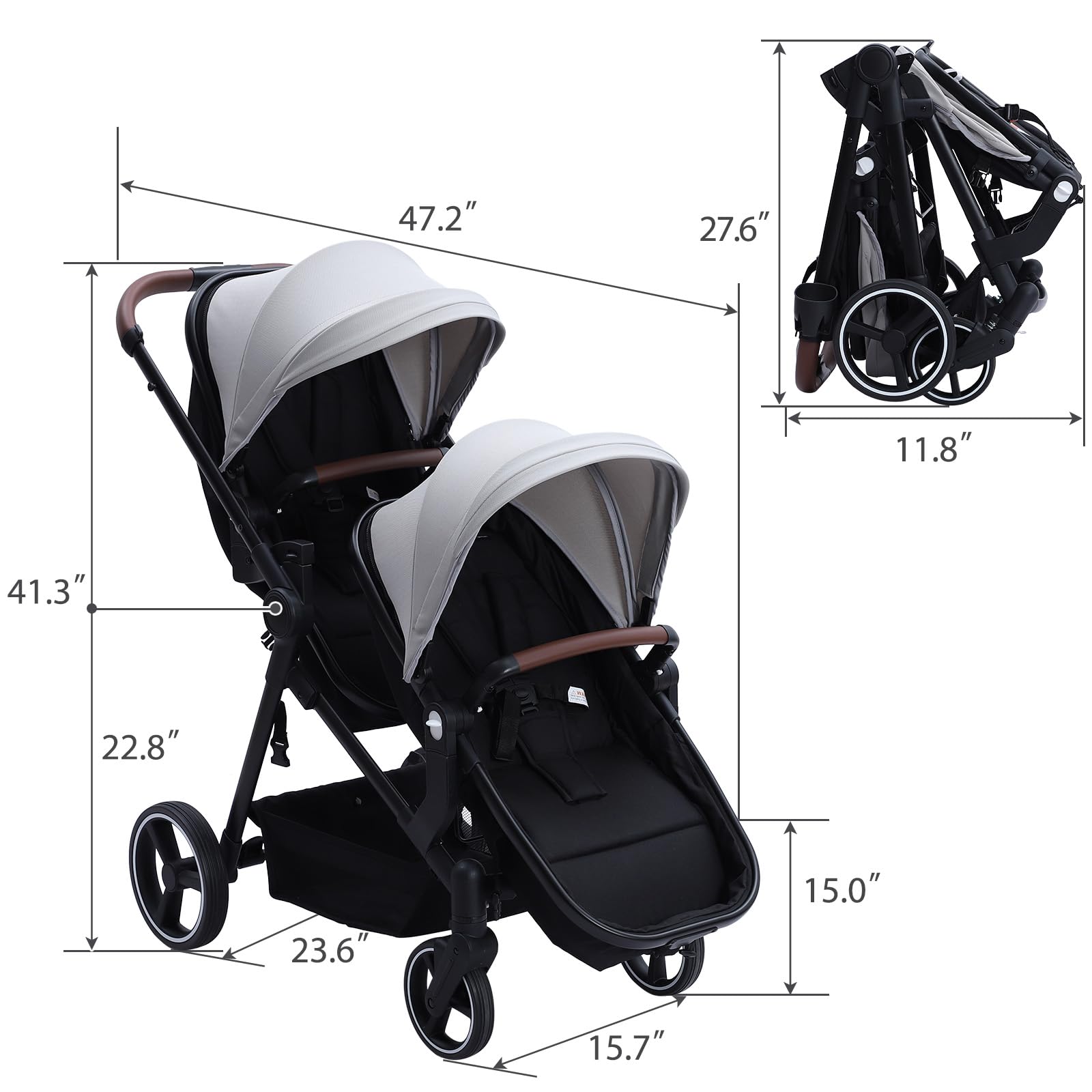 Dark grey tandem double stroller for newborn and toddler, with reversible seats, adjustable canopy, large storage, and one-hand fold.