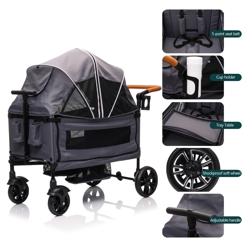 Luxury My Store double wagon stroller with canopy, tray, cup holder, 5-point harness, adjustable handle, lightweight foldable design.