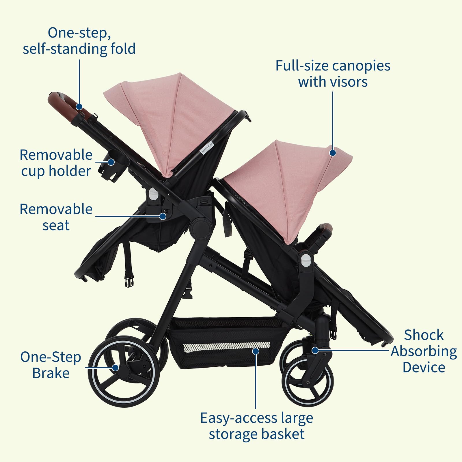 Dark grey tandem double stroller for newborns and toddlers with reversible seats, adjustable canopy, 5-point harness, and large basket.