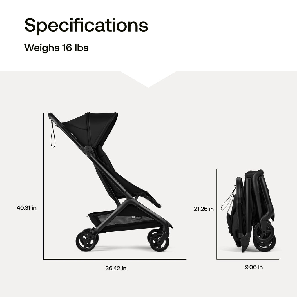 Bugaboo Butterfly 2 travel stroller in black, ultra-compact, lightweight, and airplane-friendly with one-second fold mechanism.