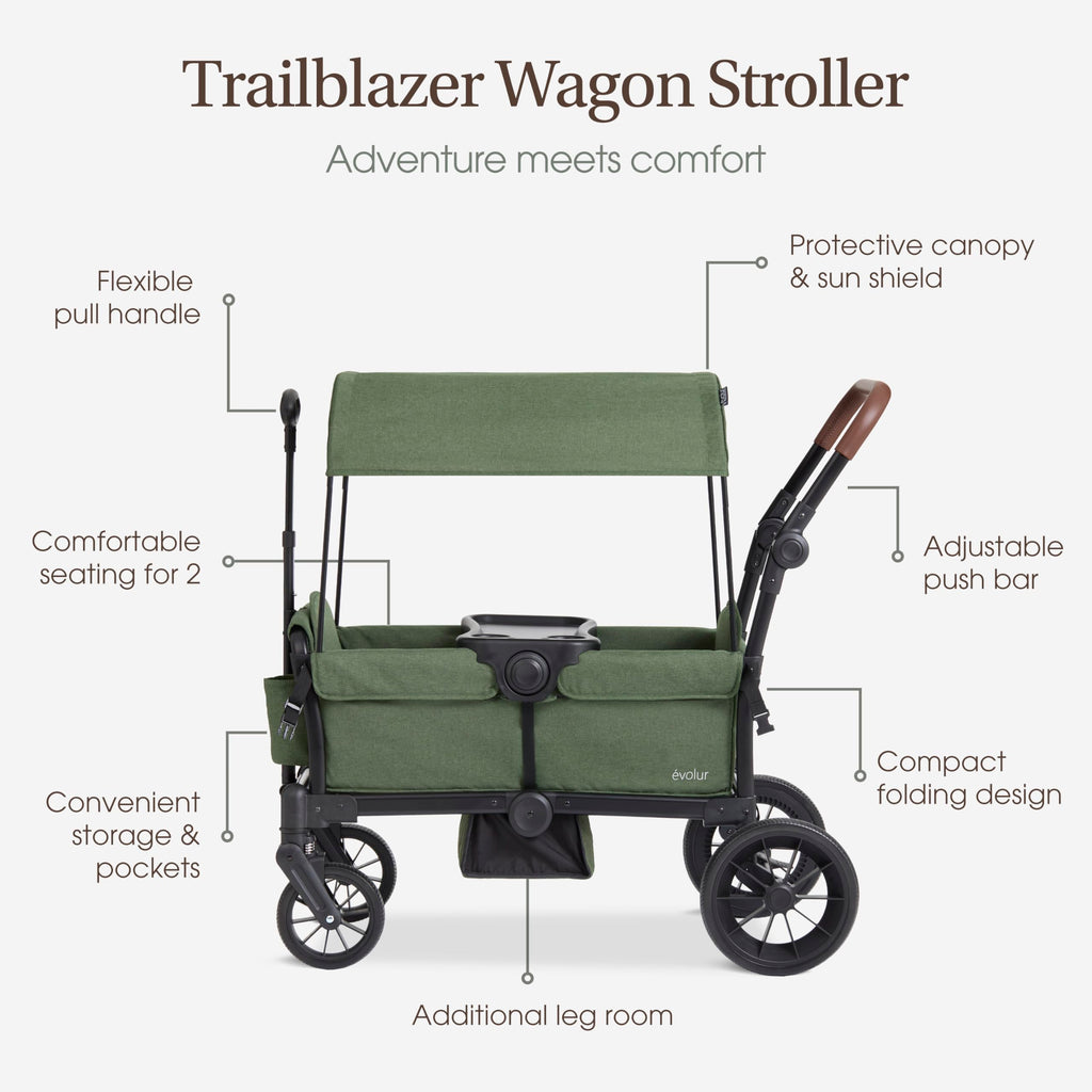 Evolur Trailblazer double wagon stroller in black with removable canopy, all-terrain wheels, 5-point harness, and spacious storage.